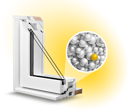 Illustration of a cross-section of a RevoCell window frame with a magnified view showing small gray spheres and one yellow sphere, crafted with microcellular PVC. The bright yellow background highlights the detailed structure beautifully.